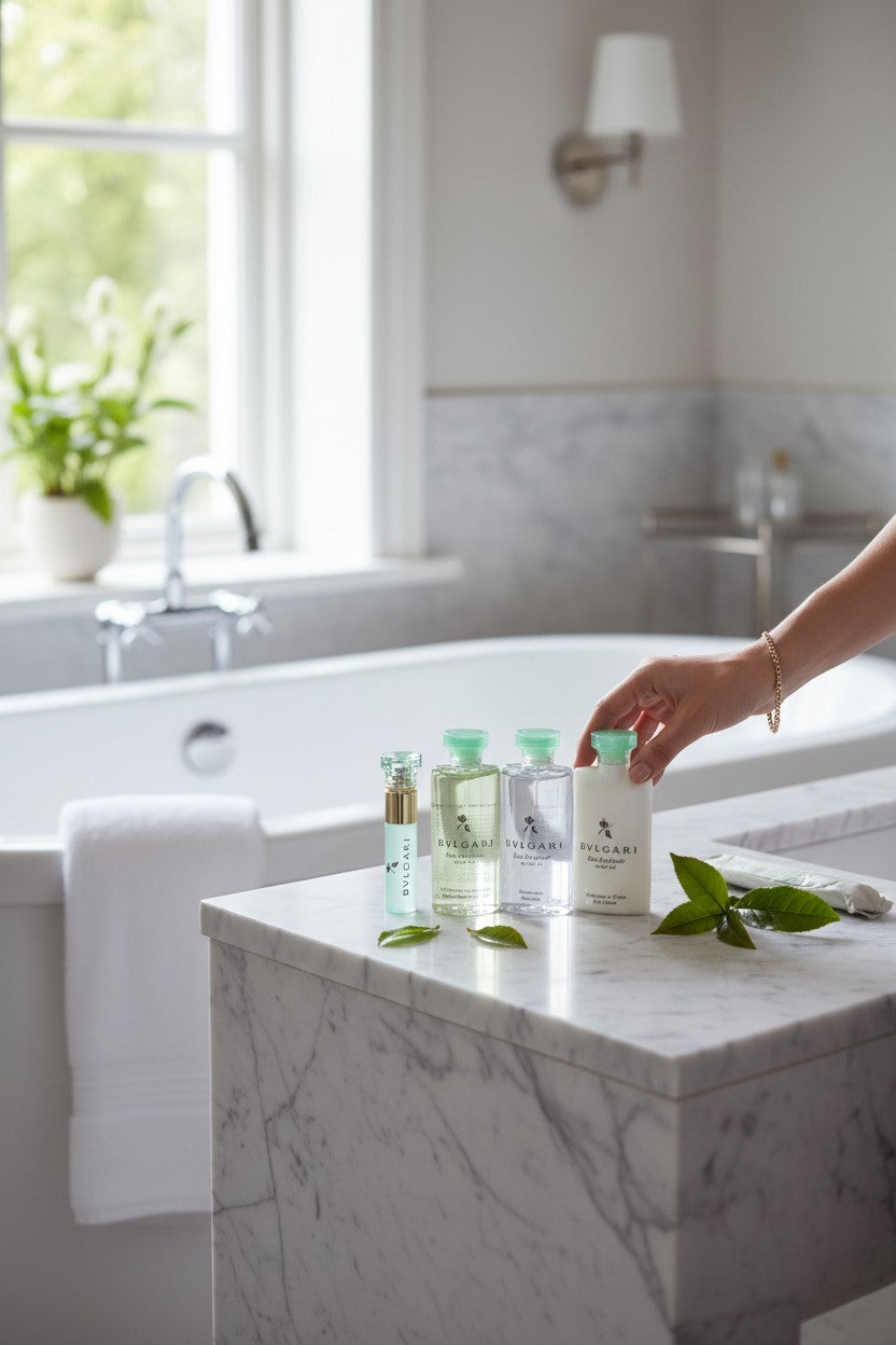 A persons hand reaches for a bottle of TRESORIS bath product on a white marble vanity in a bright, modern bathroom with a bathtub and window in the background. Dolce & Gabbana, Monza Outlet, Monza Fashion, Shein Outlet