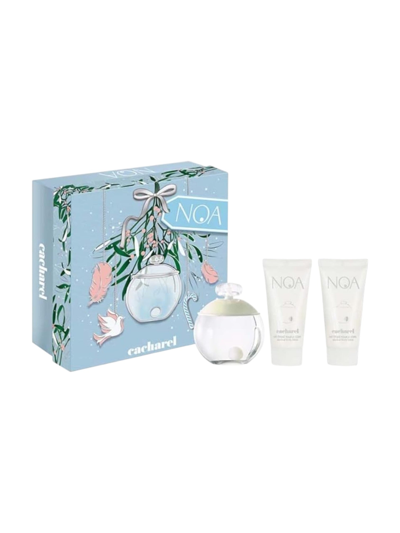 Cacharel Noa perfume set with box, bottle, and two cream tubes on a white background. Cacharel Noa, Monza Outlet, Monza Fashion, Shein Outlet