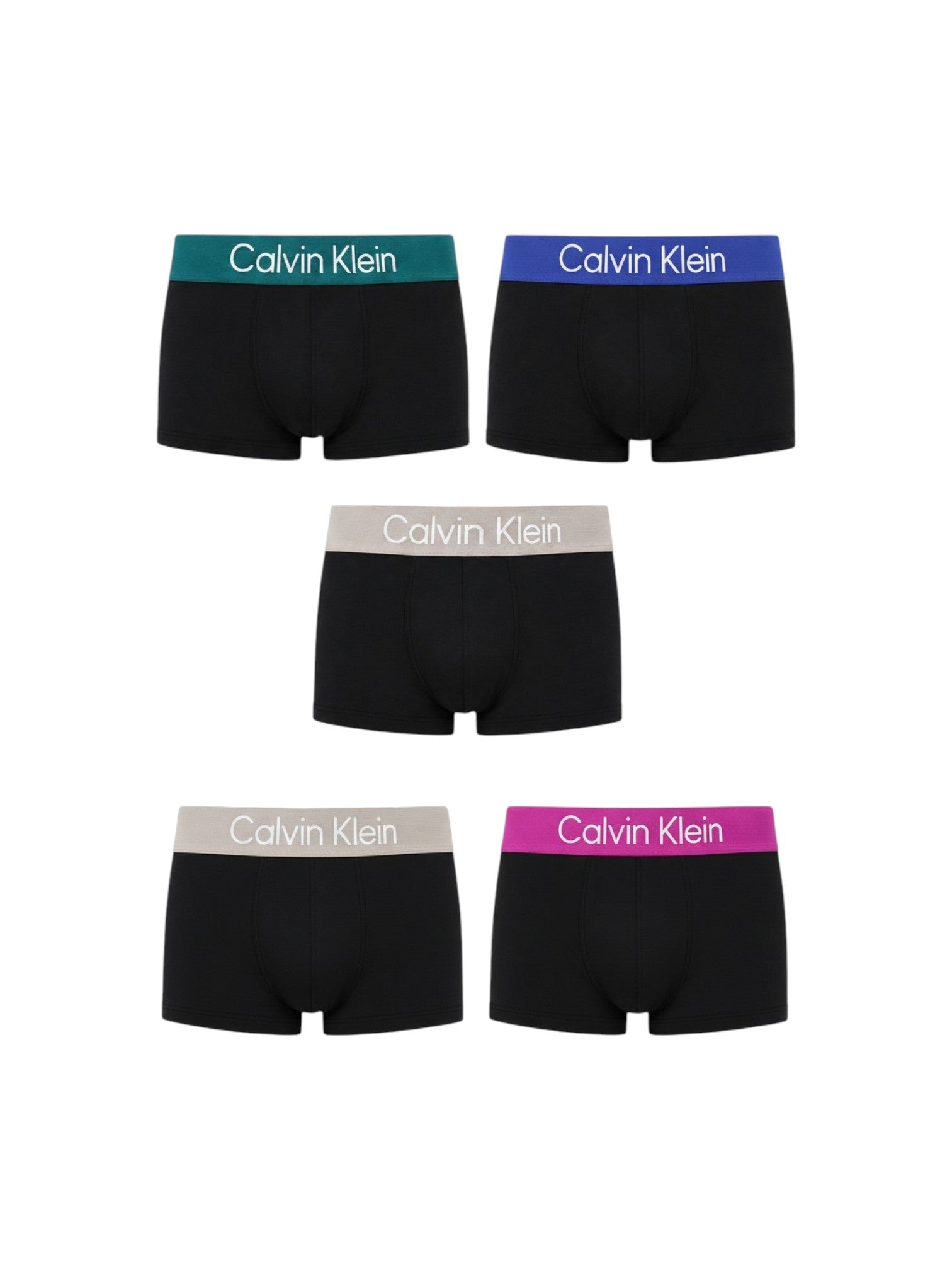 Five pairs of Calvin Klein mens boxer briefs arranged in a 2 3 grid on a white background, featuring black fabric with waistbands in teal, blue, light gray, beige, and magenta. Calvin Klein, Monza Outlet, Monza Fashion, Shein Outlet