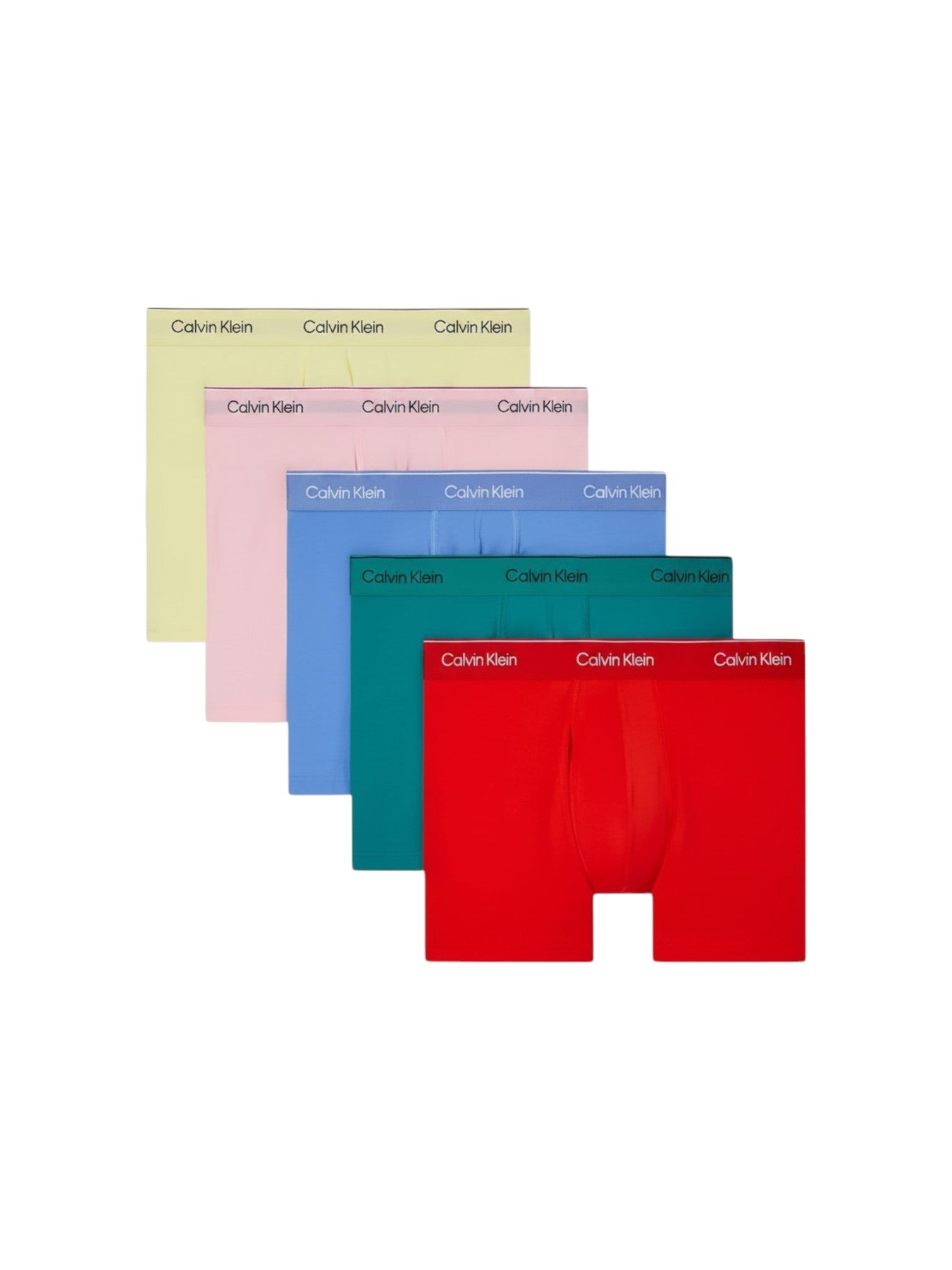 Five pairs of Calvin Klein mens boxer briefs in different colors yellow, pink, blue, green, and red are fanned out on a plain white background. Calvin Klein, Monza Outlet, Monza Fashion, Shein Outlet