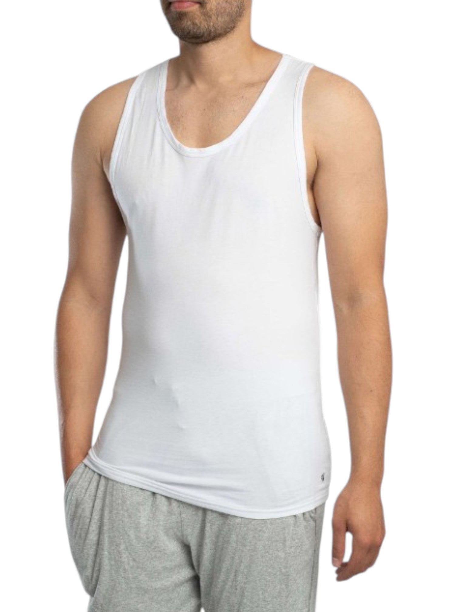 A man wearing a white sleeveless tank top and light gray sweatpants, shown from the chin down against a plain white background. Calvin Klein, Monza Outlet, Monza Fashion, Shein Outlet