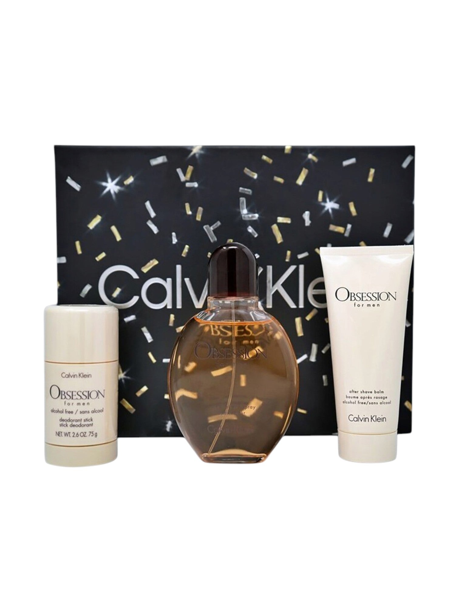 Calvin Klein beauty product set with three items in front of a branded backdrop. monza outlet, Shein outlet, monza fashion