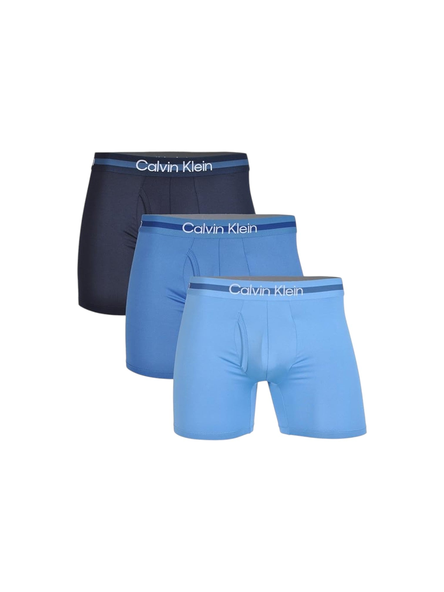 Three pairs of Calvin Klein mens boxer briefs in dark navy, medium blue, and light blue, arranged in a staggered stack on a plain white background. Calvin Klein, Monza Outlet, Monza Fashion, Shein Outlet