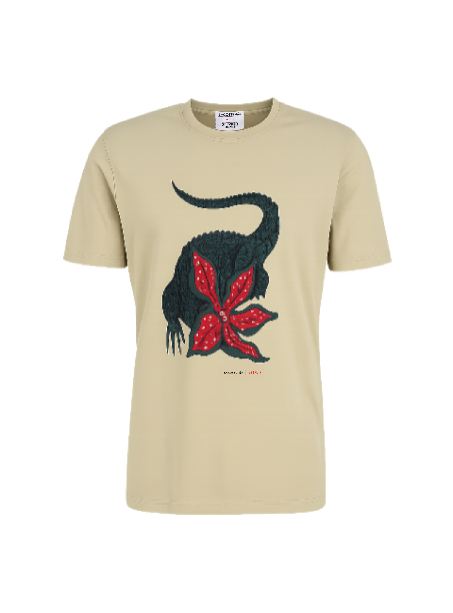 Beige t-shirt with a black and red graphic design on a white monza outlet, Shein outlet, monza fashion background