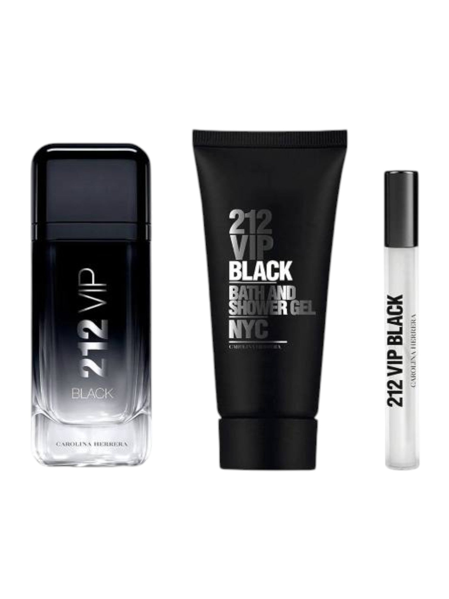 Set of 212 VIP Black perfume, bath and shower gel, and rollerball on a white background. Carolina Herrera, Monza Outlet, Monza Fashion, Shein Outlet