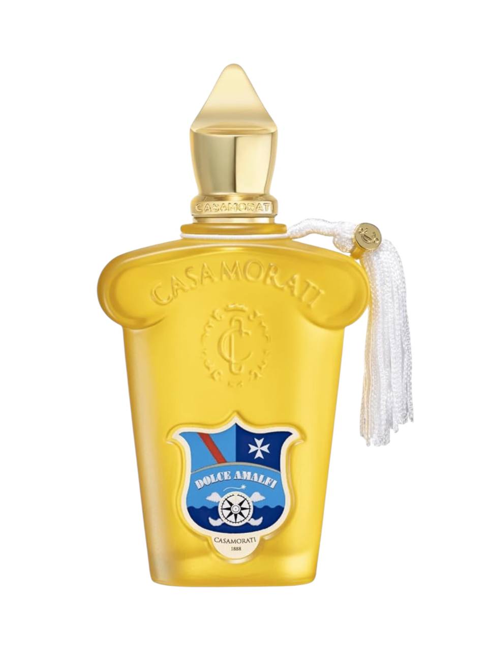 Yellow Casamorati perfume bottle with gold cap on a white background monza outlet, Shein outlet, monza fashion
