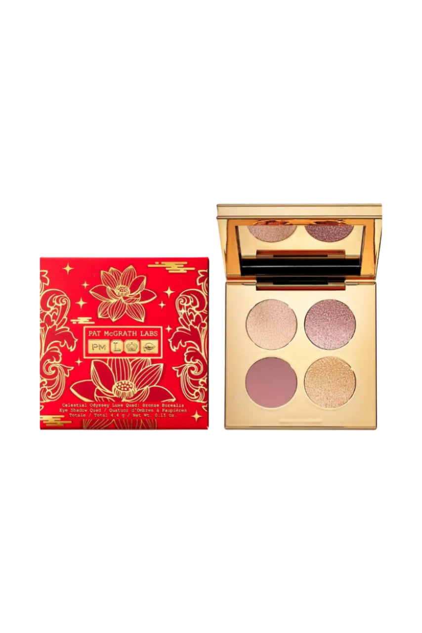 Pat McGrath Labs Celestial Odyssey Luxe Quad: Bronze Borealis, featuring four eyeshadow colors with a gold and bronze design on the packaging. Monza Outlet