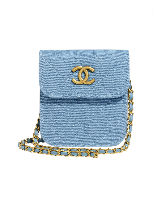 Blue denim handbag with gold chain and Chanel logo on a white background. Monza Outlet