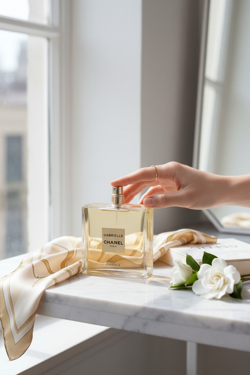 Chanel perfume bottle on a marble surface with a hand reaching out, near a window. Chanel, Monza Outlet, Monza Fashion, Shein Outlet