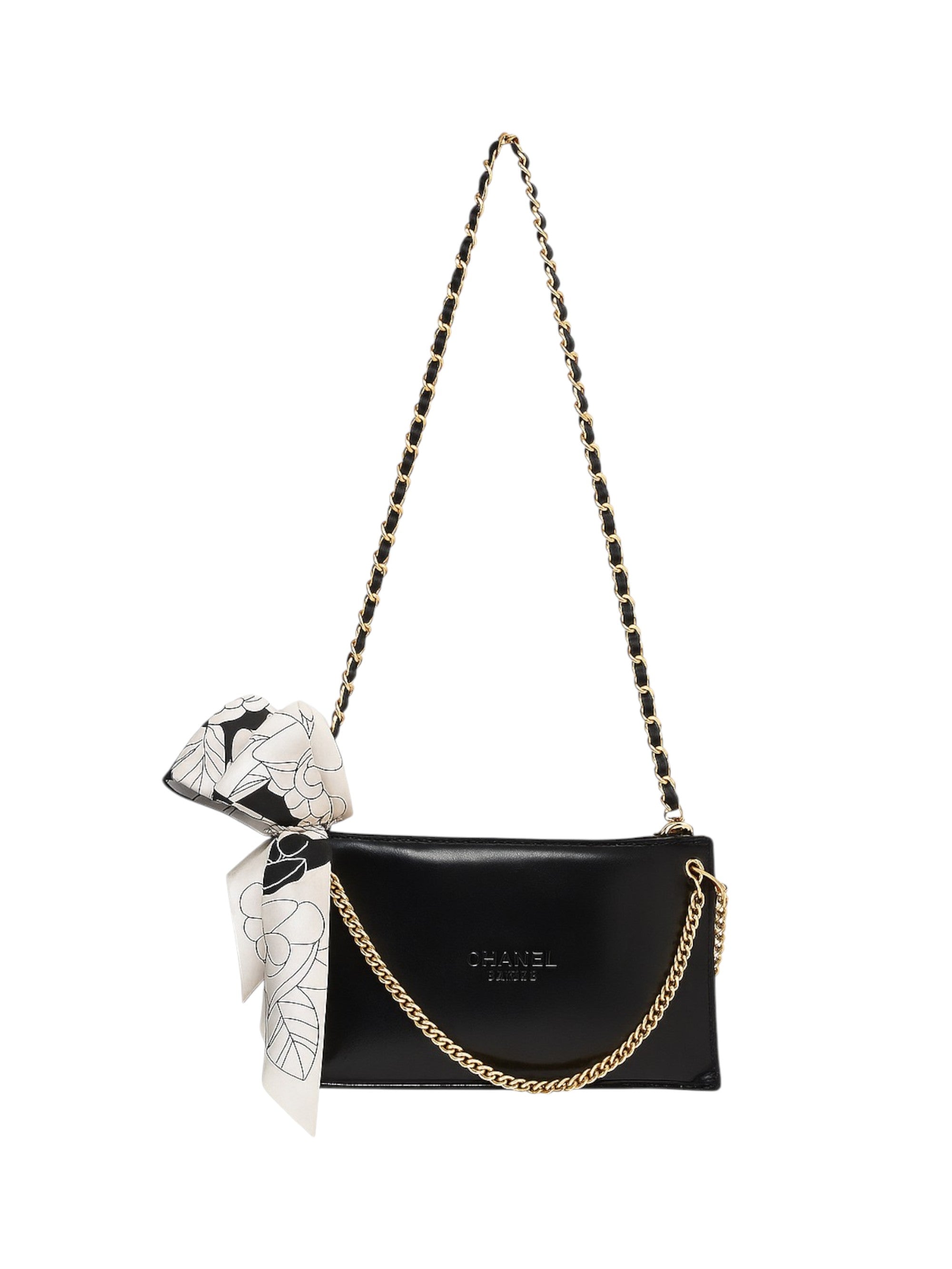 Black handbag with gold chain strap and white scarf on a white background. Chanel Monza Outlet