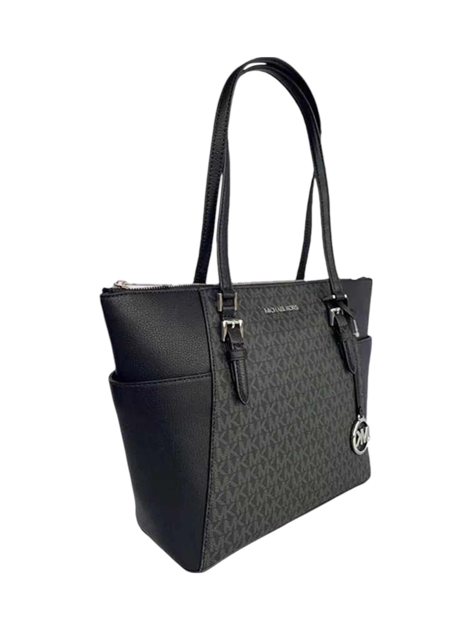 Black and gray handbag with a visible brand logo on a white background Michael Kors Monza Outlet