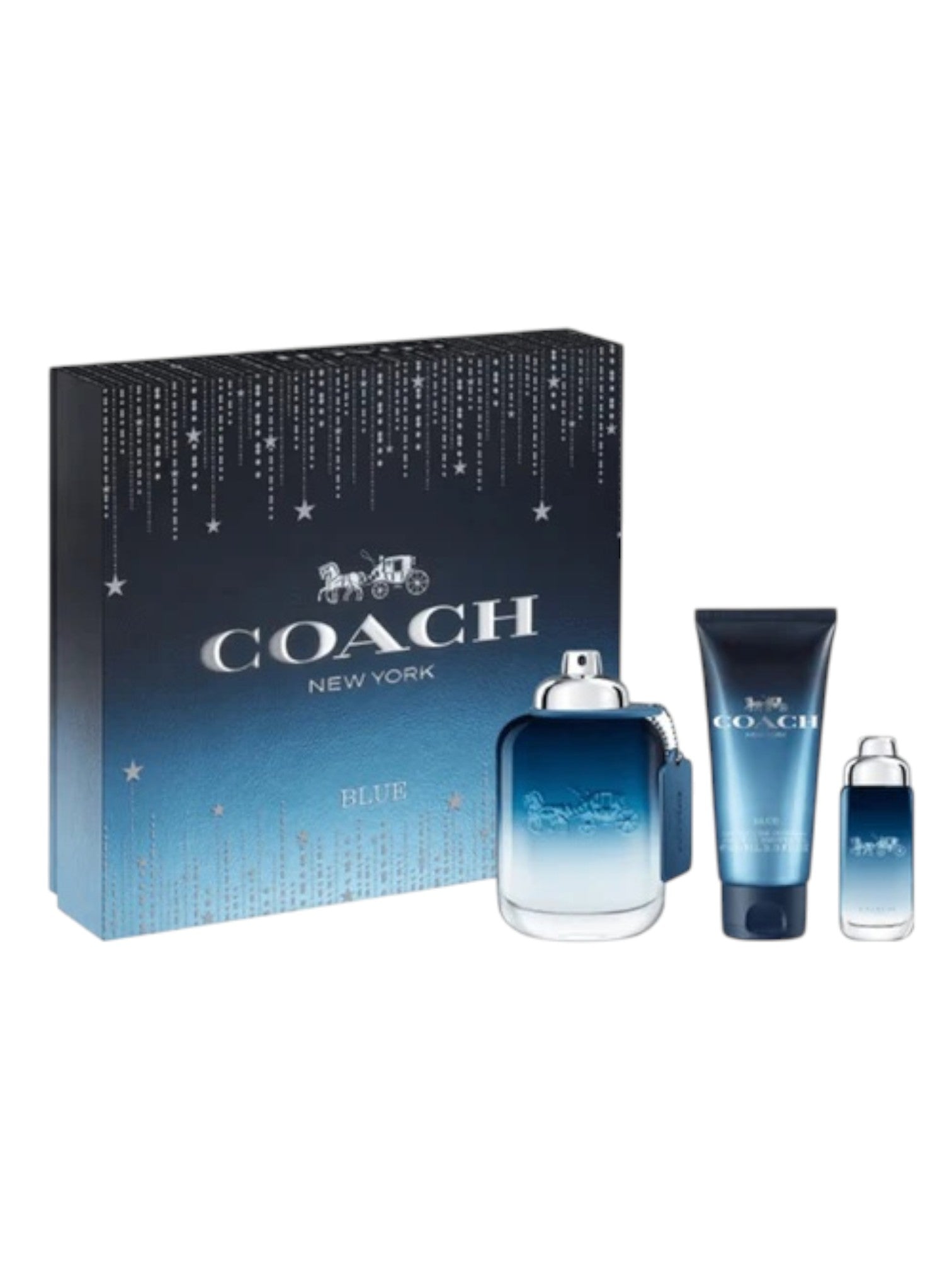Coach New York Blue perfume set with a box on a white background. Coach, Monza Outlet, Monza Fashion, Shein Outlet