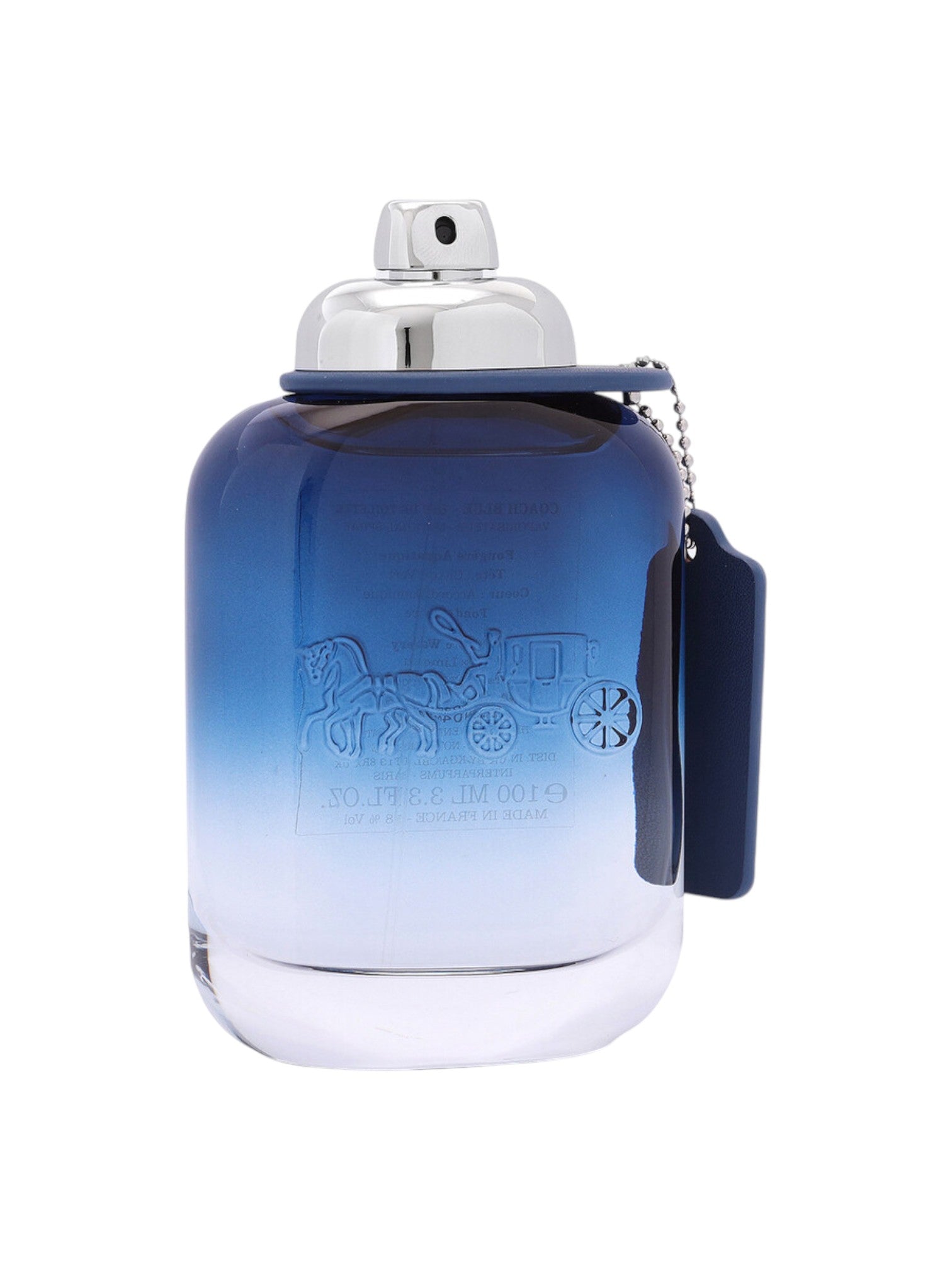 Blue gradient perfume bottle with silver cap on a white background. Coach, Monza Outlet, Monza Fashion, Shein Outlet