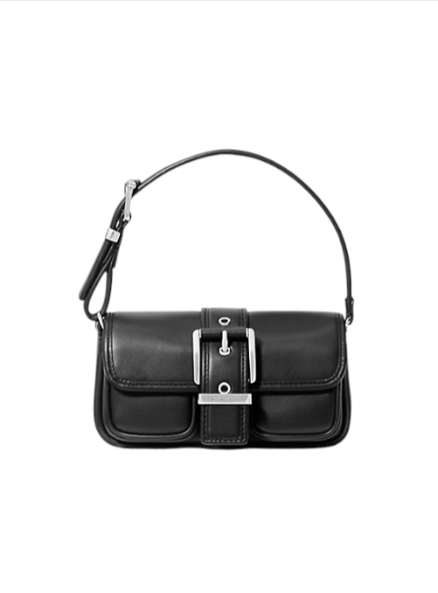 Black handbag with a silver buckle on a white background monza outlet, Shein outlet, monza fashion