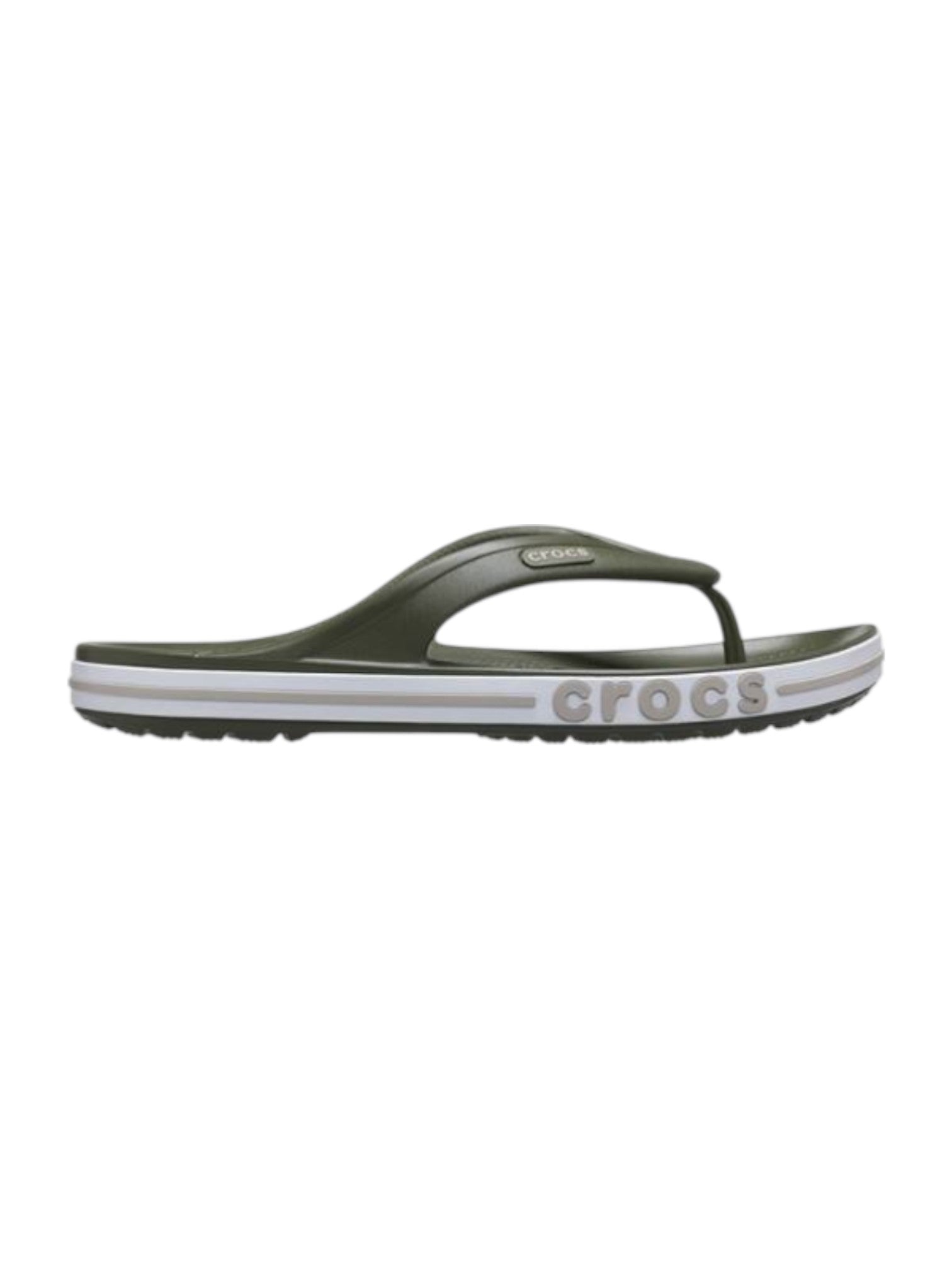 Green sandal with white sole on a white background. Crocs, Monza Outlet, Monza Fashion, Shein Outlet