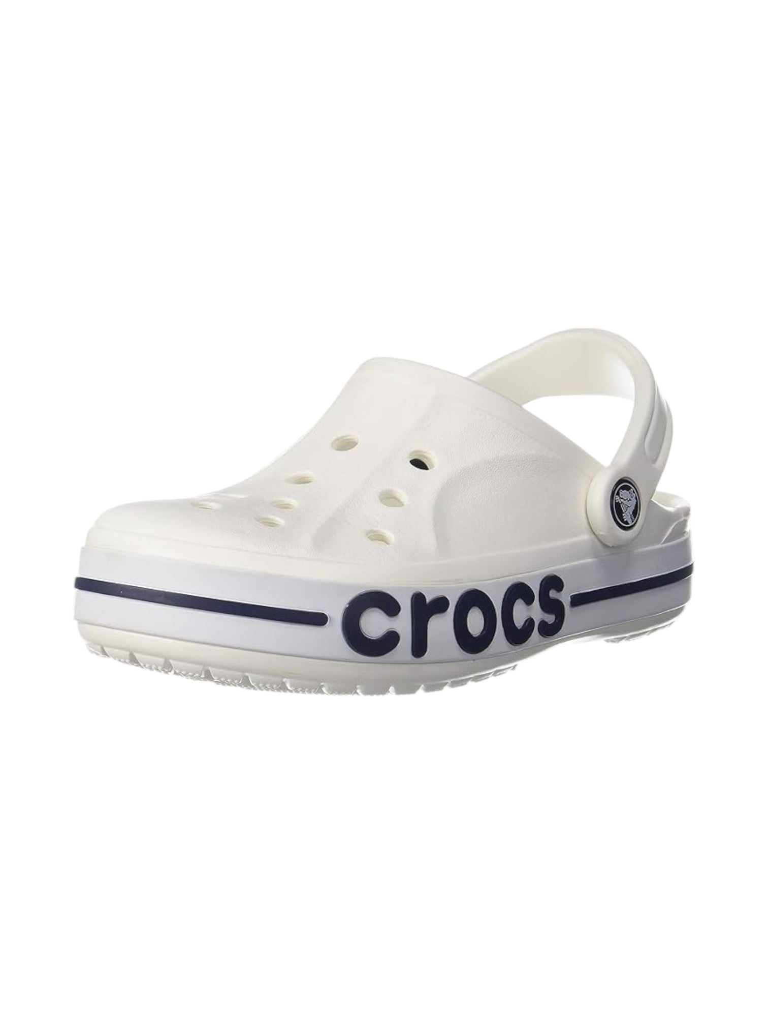 White croc sandal with blue stripe and 'crocs' logo on a white background. Crocs, Monza Outlet, Monza Fashion, Shein Outlet
