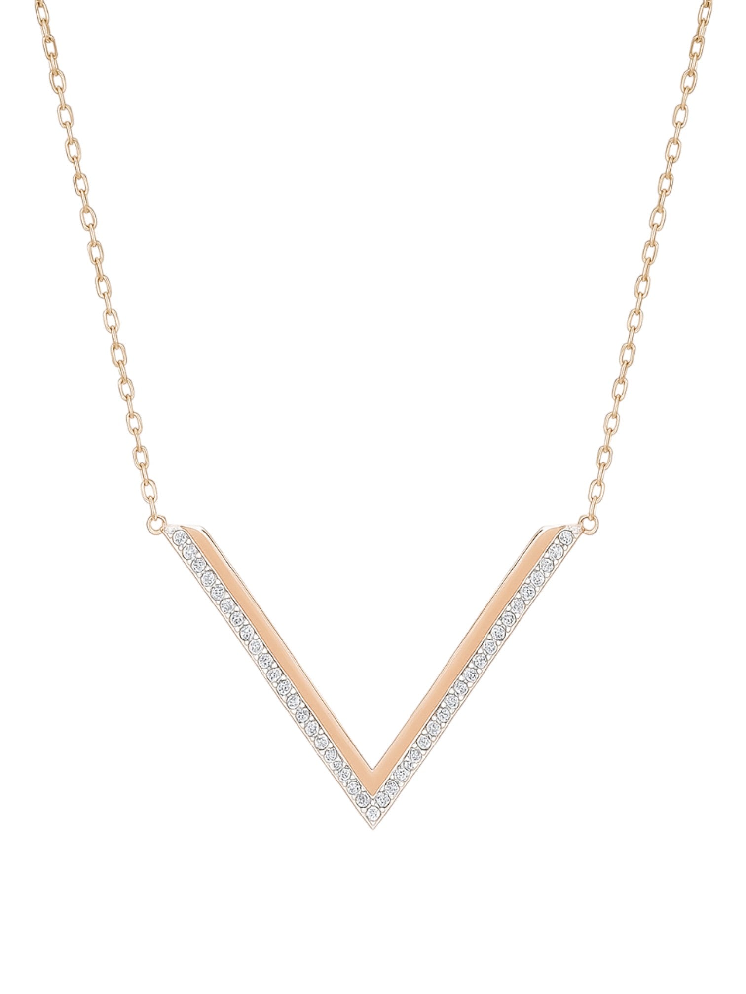 Rose gold and silver V-shaped necklace on a white background Swarovski Monza Outlet