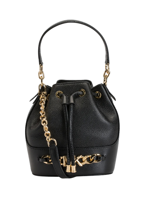 Black leather bucket bag with gold chain details on a white background, Michael Kors, Monza Outlet, Monza Fashion, Shein Outlet