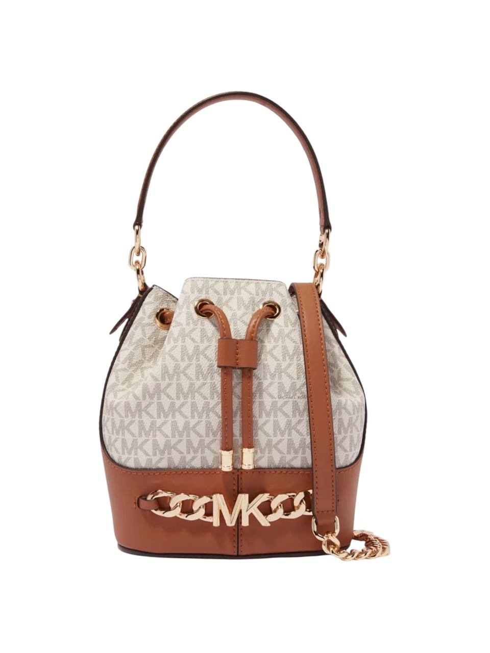Designer handbag with brown leather accents and gold hardware on a white background, Michael Kors, Monza Outlet, Monza Fashion, Shein Outlet