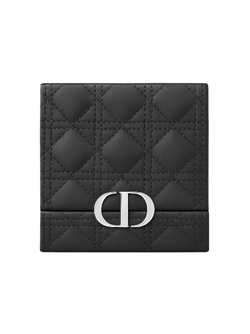 Black quilted wallet with a silver logo on a white background. Dior Monza Outlet