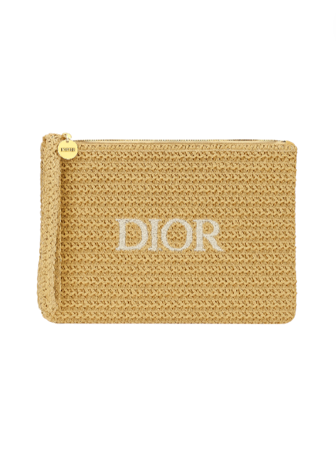 Beige woven pouch with Dior logo on a white background. Dior Monza Outlet