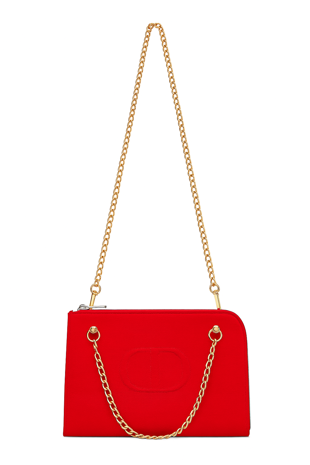 Red handbag with gold chain strap on a white background. Dior Monza Outlet