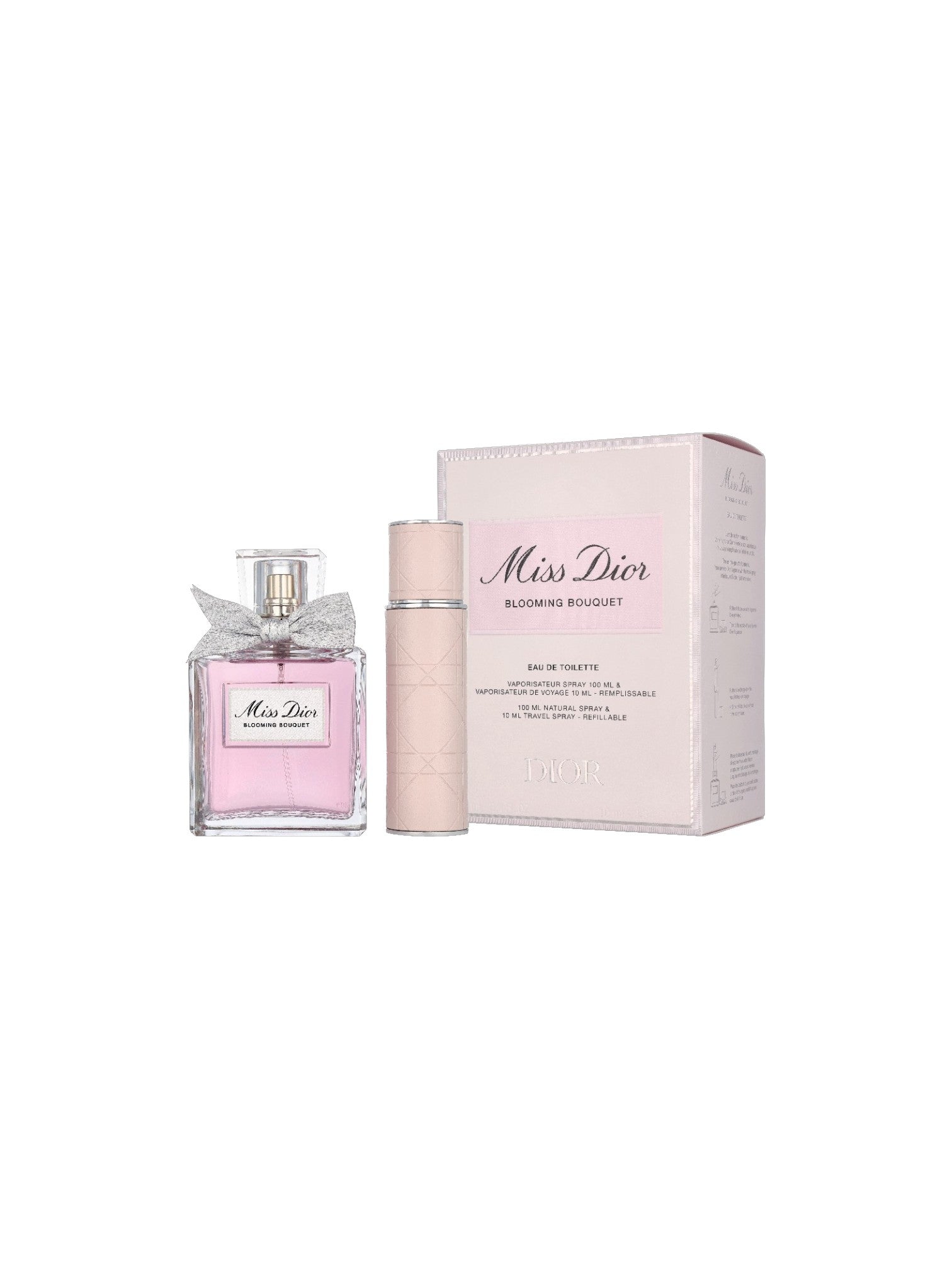 Miss Dior perfume set with bottle, spray, and packaging on a white background. Dior, Monza Outlet, Monza Fashion, Shein Outlet