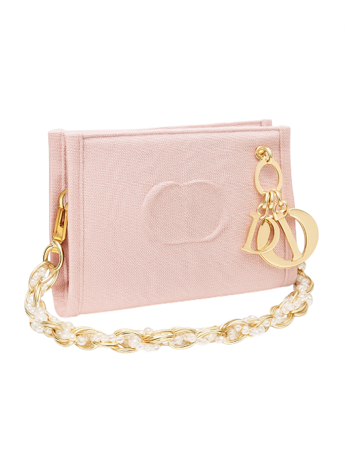 Pink wallet with gold chain and Dior logo on a white background. Dior Monza Outlet