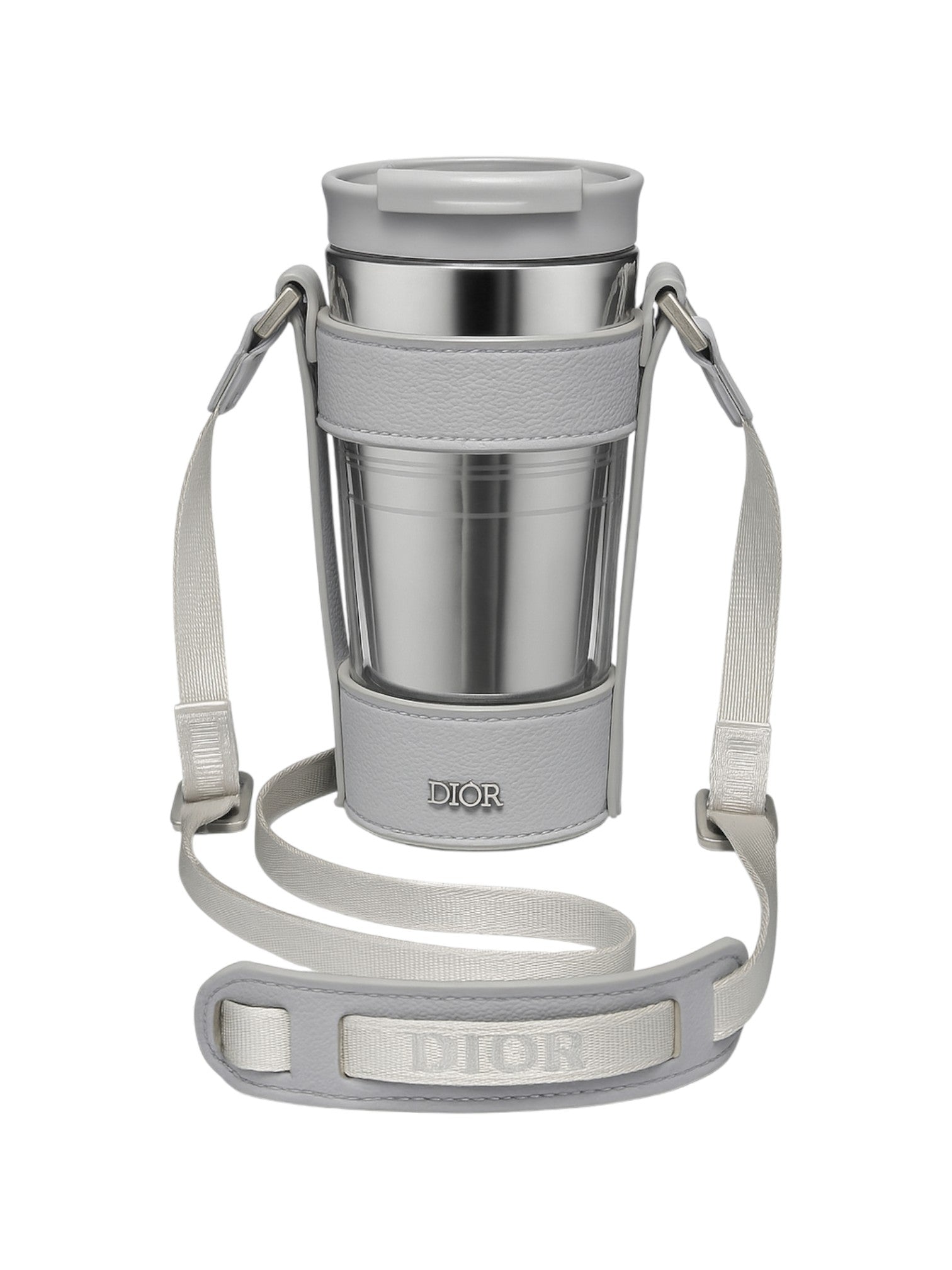 Silver tumbler with gray strap and Dior branding on a white background Dior, Monza Outlet, Monza Fashion, Shein Outlet