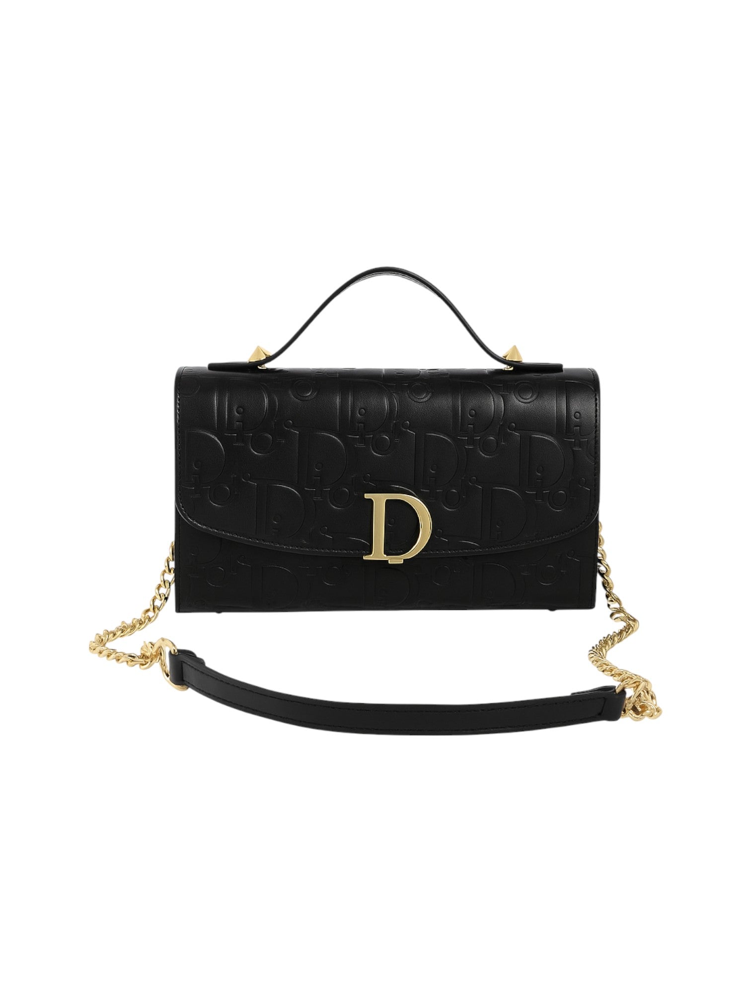 Black crocodile-patterned handbag with gold chain and clasp on a white background Dior Monza Outlet