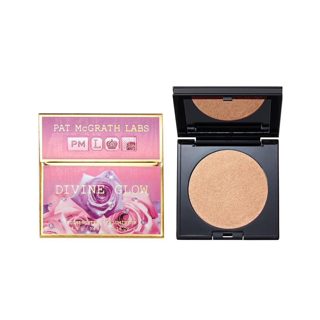 Pat McGrath Labs Divine Glow Highlighter, showing the compact case and the pressed powder highlighter inside, with a rose design on the packaging. Monza Outlet