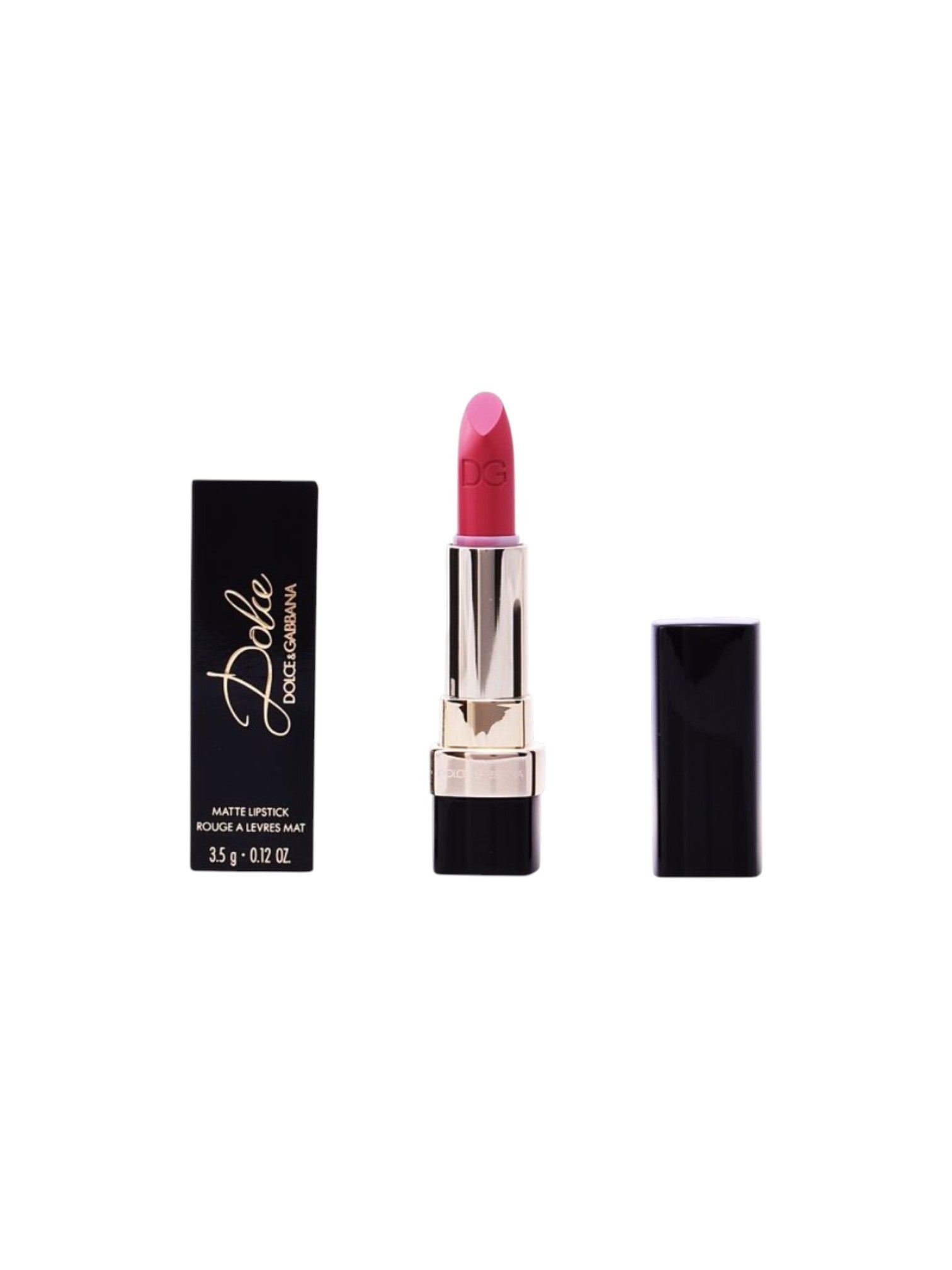Delfina Cosmetics Soft Lipstick in a vibrant pink shade, shown with its black packaging box, open lipstick tube with gold trim, and its black cap on a solid white background. Dolce and Gabanna, Monza Outlet, Monza Fashion, Shein Outlet