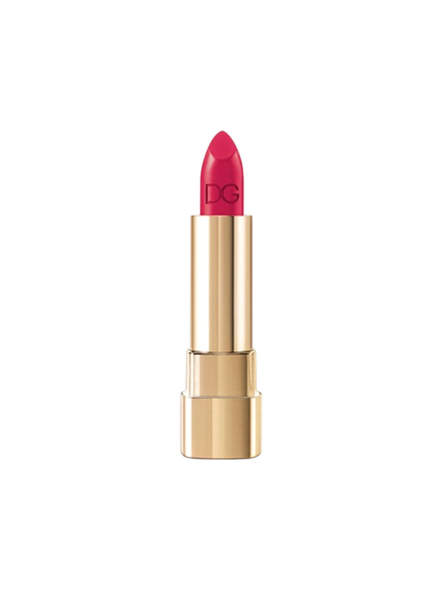 A single tube of Dolce & Gabbana lipstick in a metallic gold case, showing a vibrant pinkish-red lipstick bullet with the 'DG' logo printed on it, set against a plain white background. Dolce & Gabbana, Monza Outlet, Monza Fashion, Shein Outlet
