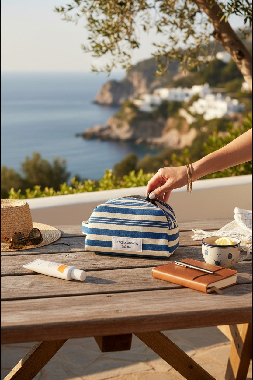 Person holding a striped bag on a wooden table with a scenic view of the sea and cliffs. Dolce Gabbana, Monza Outlet, Monza Fashion, Shein Outlet