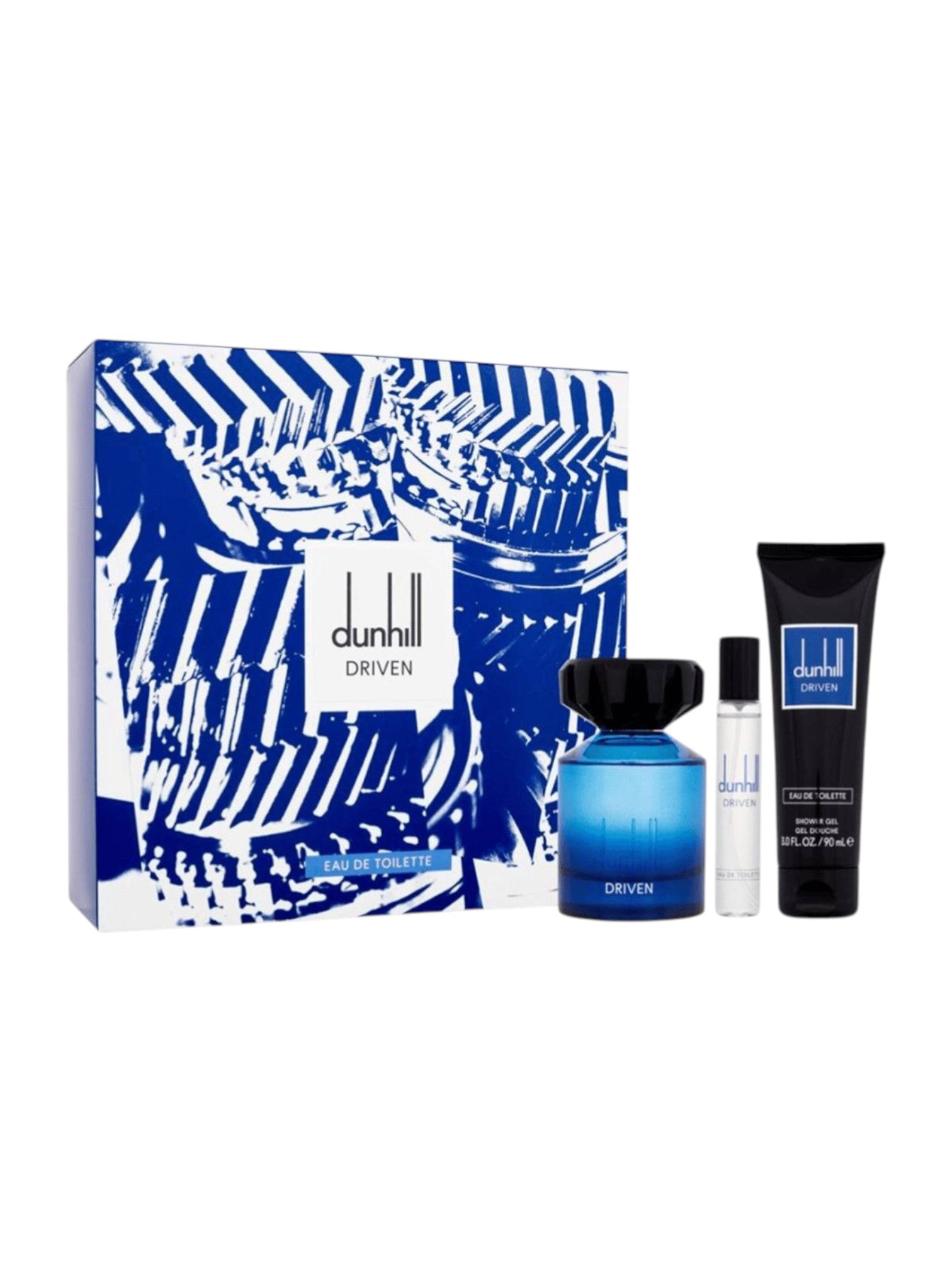 Dunhill perfume set with blue bottle and packaging on a white background. Dunhill, Monza Outlet, Monza Fashion, Shein Outlet