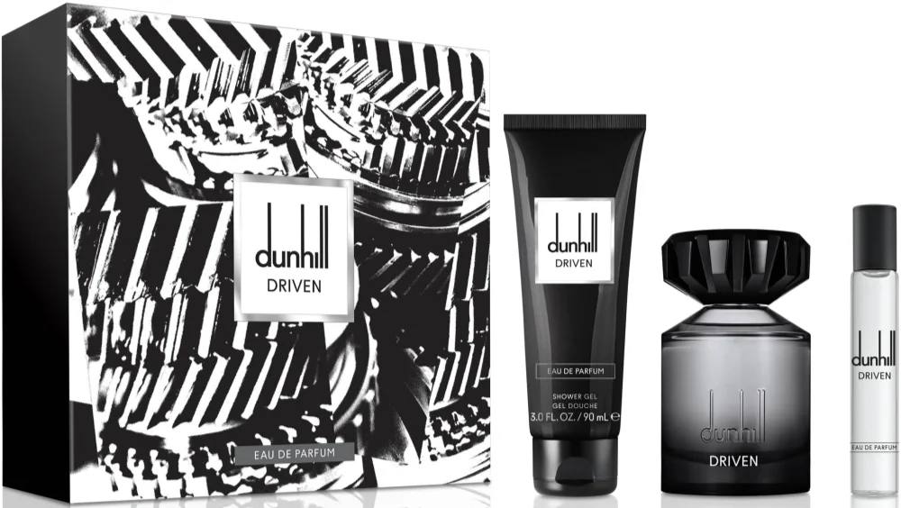 Dunhill perfume set with packaging, bottles, and a tube on a white background. Monza Outlet