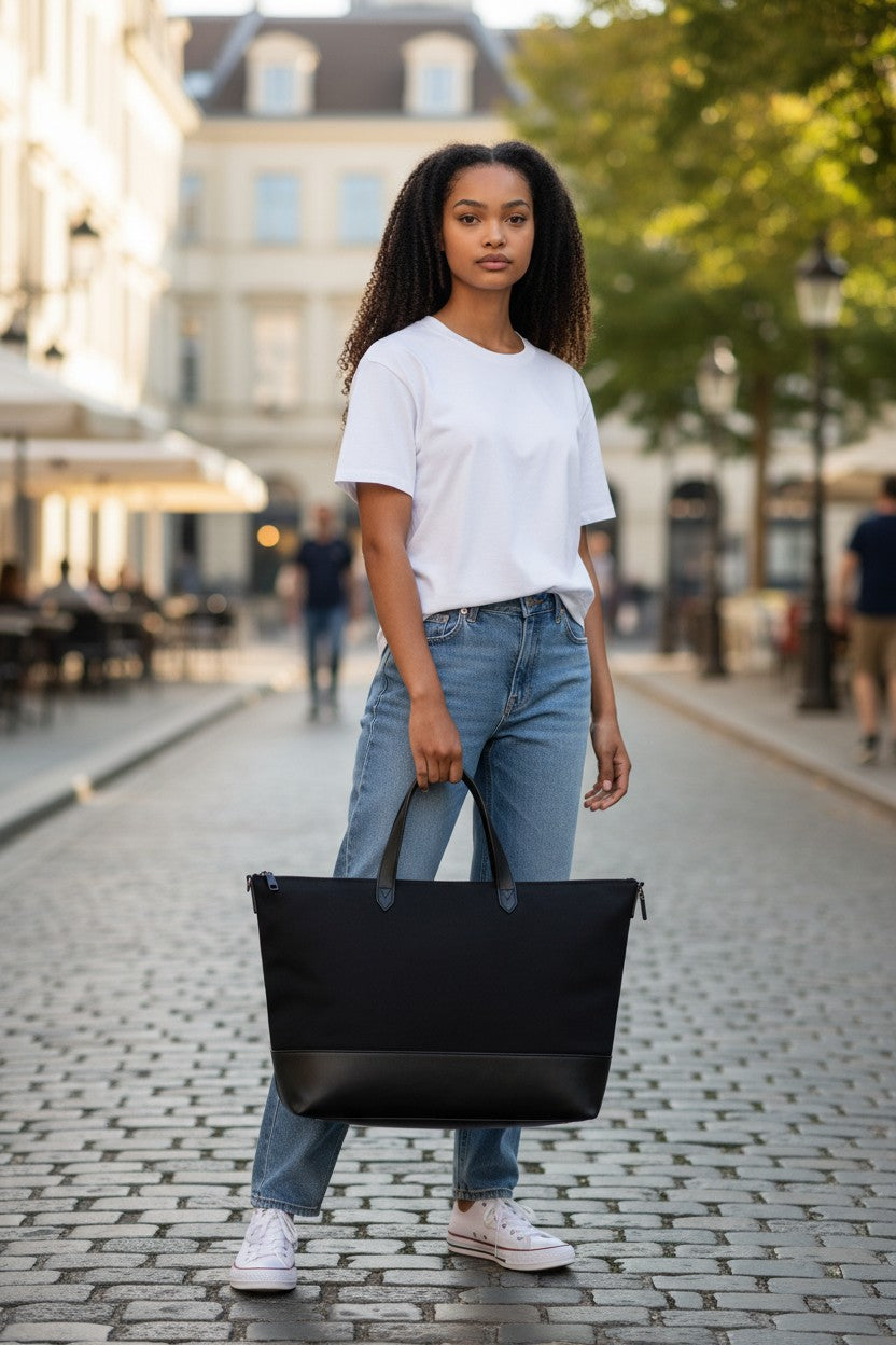 Woman holding a black tote bag on a city street. Dunhill, Monza Outlet, Monza Fashion, Shein Outlet