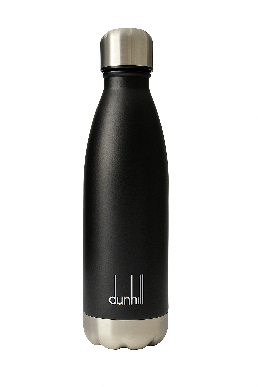 Black insulated bottle with silver cap and dunhill branding on a white background. Monza Outlet
