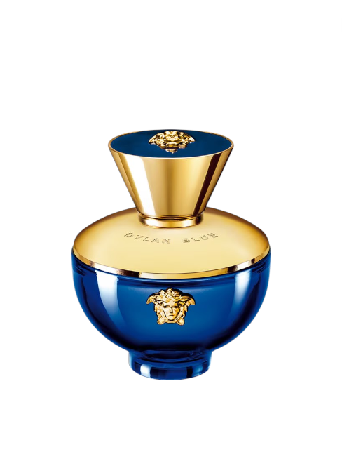 Blue and gold perfume bottle with 'Dylan Blue' branding on a white background