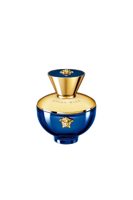 Blue and gold perfume bottle with 'Dylan Blue' branding on a white background