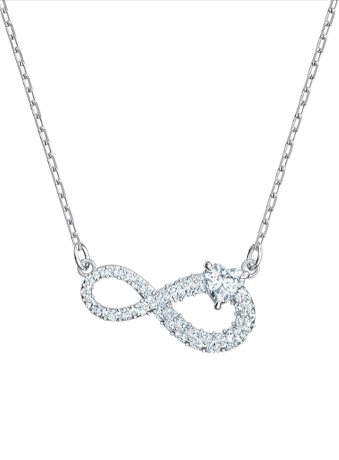Silver infinity necklace with clear stones on a white background monza outlet, Shein outlet, monza fashion