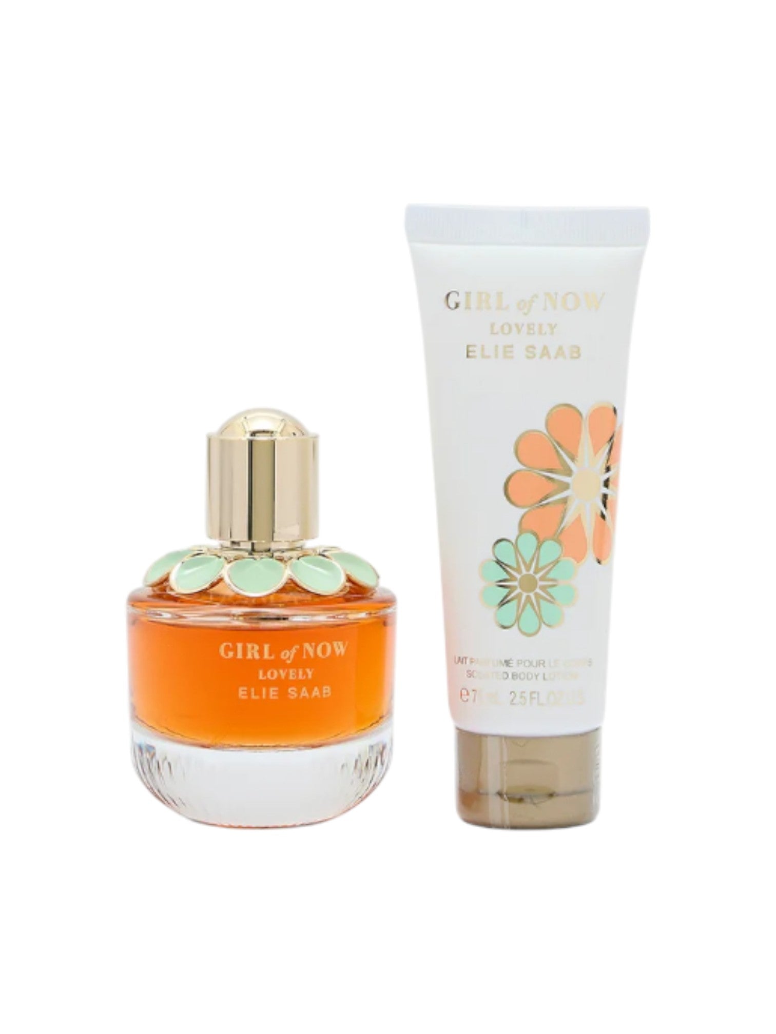 Perfume bottle and tube of Girl of Now by Elie Saab on a white background. Elie Saab, Monza Outlet, Monza Fashion, Shein Outlet