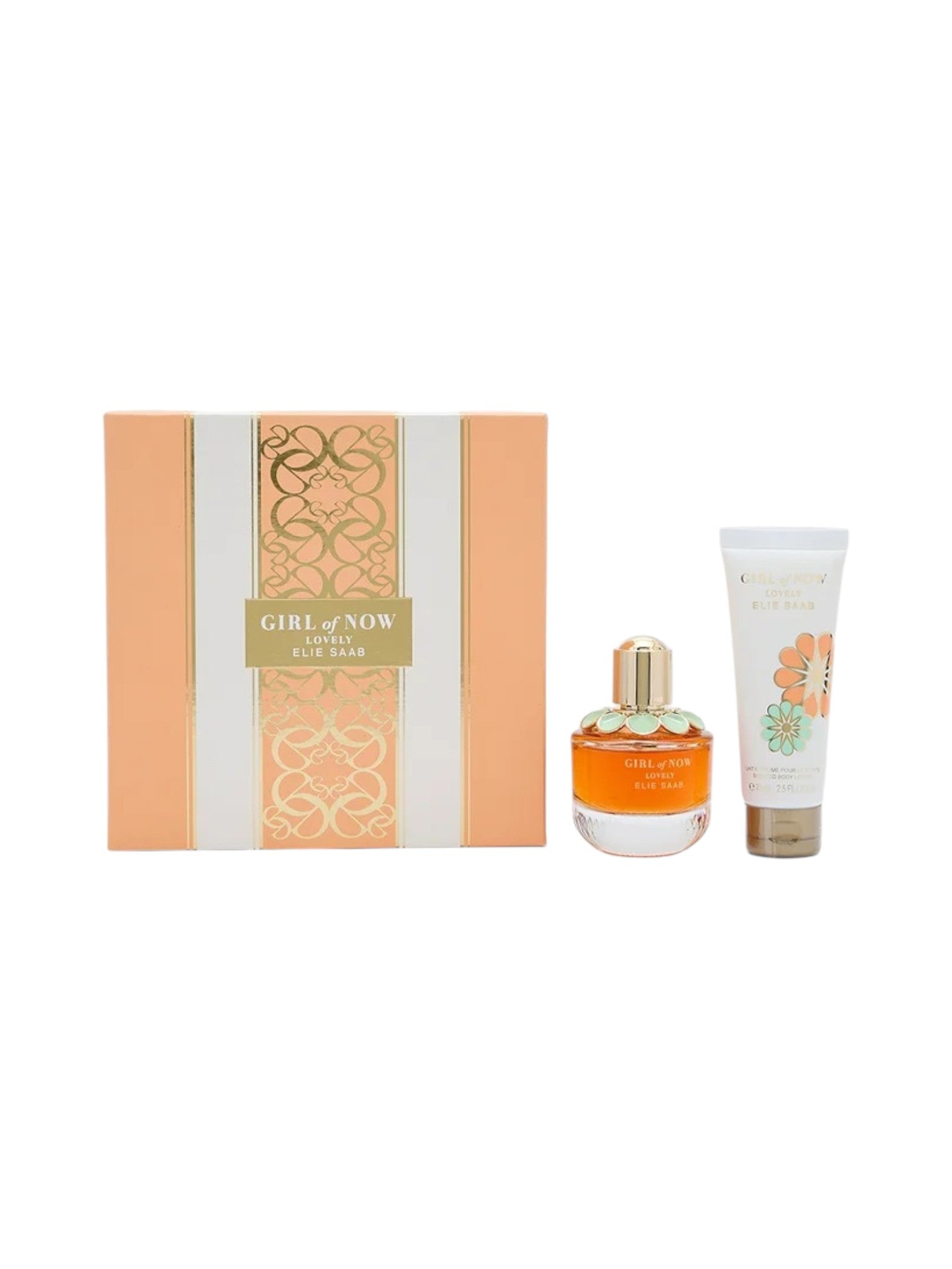 Perfume set with a box, perfume bottle, and tube on a white background. Elie Saab, Monza Outlet, Monza Fashion, Shein Outlet