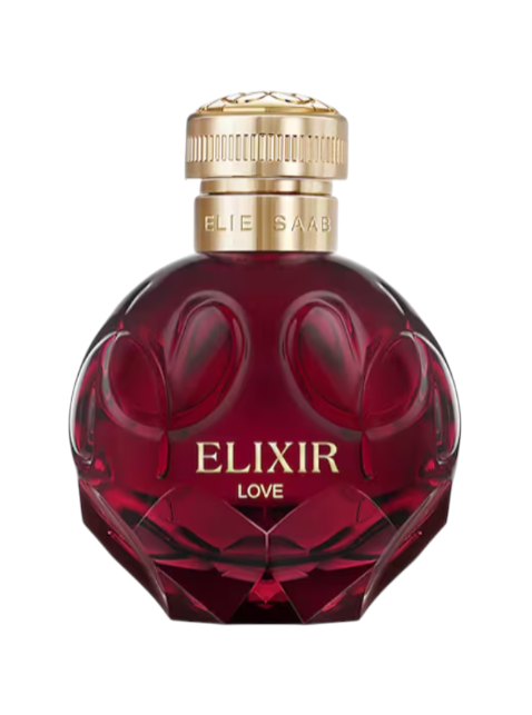 Red perfume bottle with gold cap labeled 'Elixir Love' on a white background monza outlet, Shein outlet, monza fashion