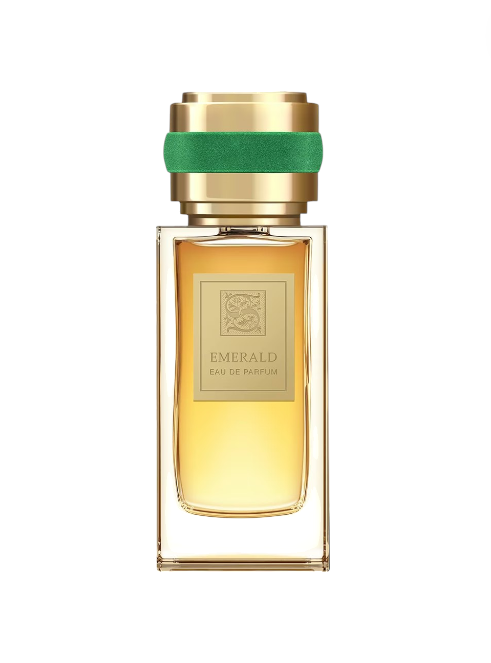 Perfume bottle labeled 'Emerald' with gold cap and green band on a white background