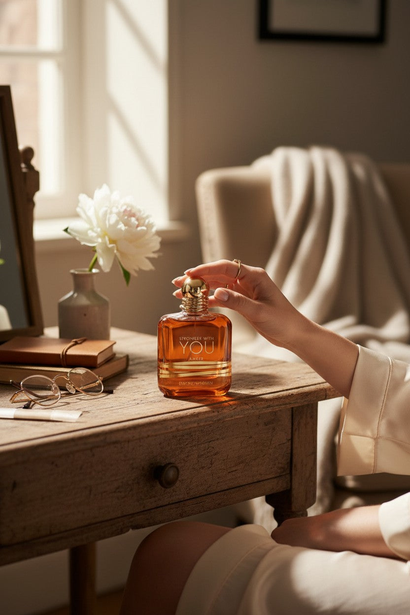 A hand in a cream satin robe reaches for the gold spray nozzle of a YSL Tom Ford No. 5 bottle, which sits on a rustic wooden table in a sunlit room. Emporio Armani, Monza Outlet, Monza Fashion, Shein Outlet