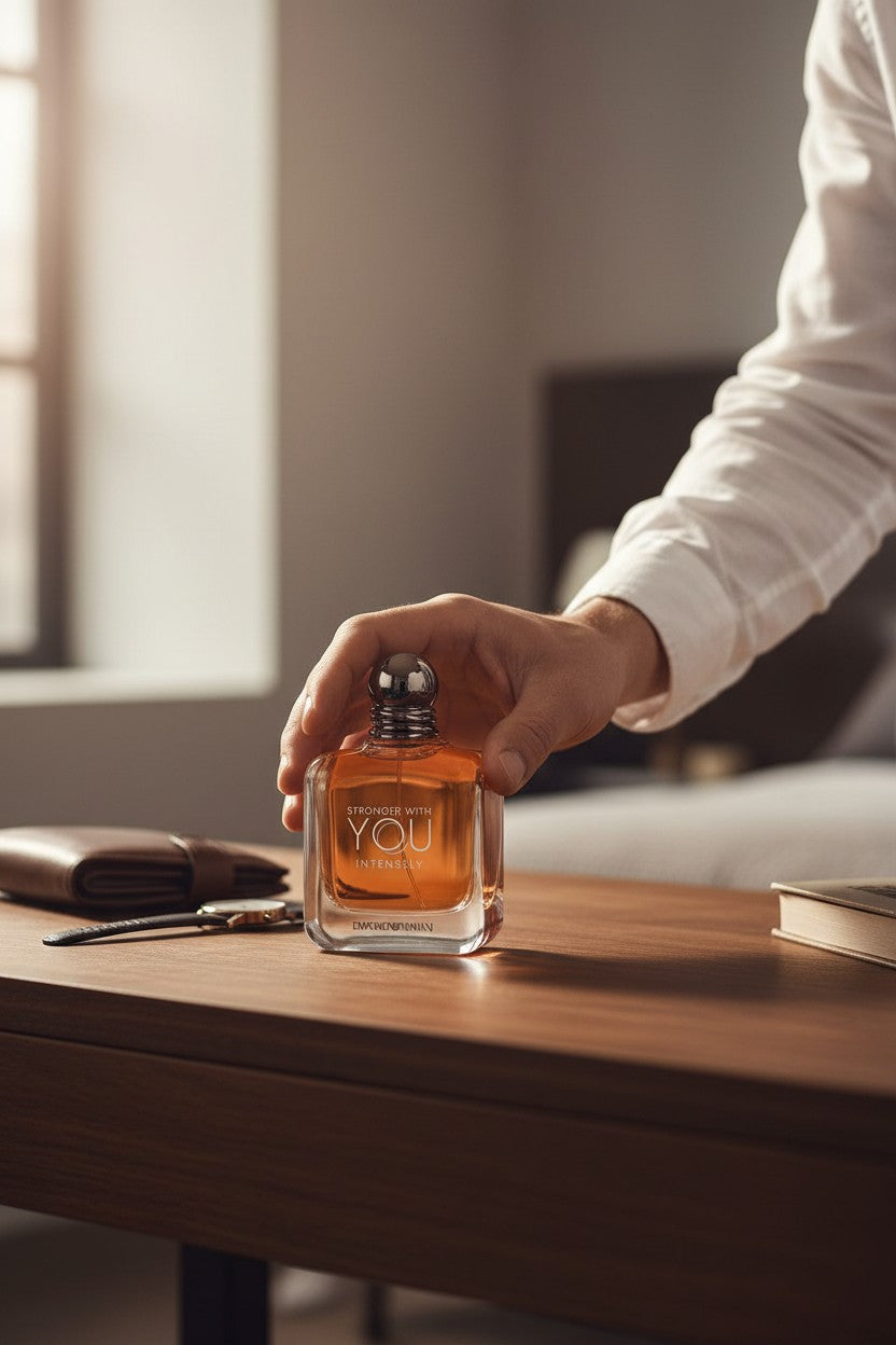 A hand in a white shirt holds a square glass bottle of You Young perfume with amber liquid and a silver cap, placed on a wooden table in a softly lit room. Emporio Armani, Monza Outlet, Monza Fashion, Shein Outlet