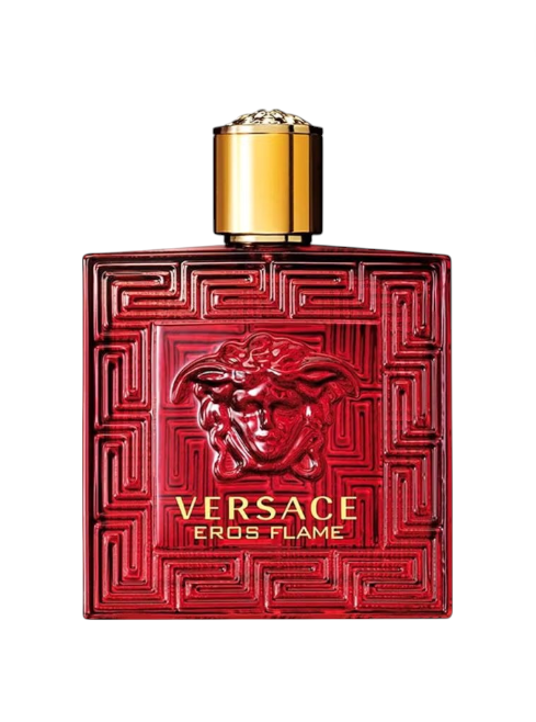 Red Versace Eros Flame perfume bottle with gold cap on a white background Versace Monza Outlet