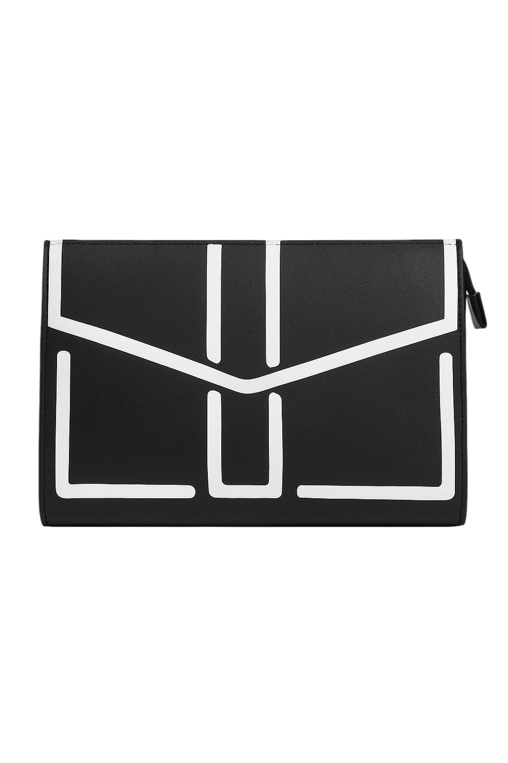 Black clutch bag with white geometric design on a white background Estee Lauder Monza Outlet