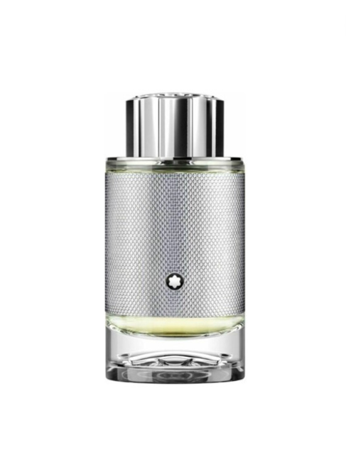 Perfume bottle with silver cap and textured glass body on a white background